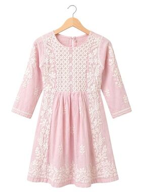 VTG Girls Pink Cotton‎ White Floral Embroidered Dress XL 14/16 Cottagecore Indie
